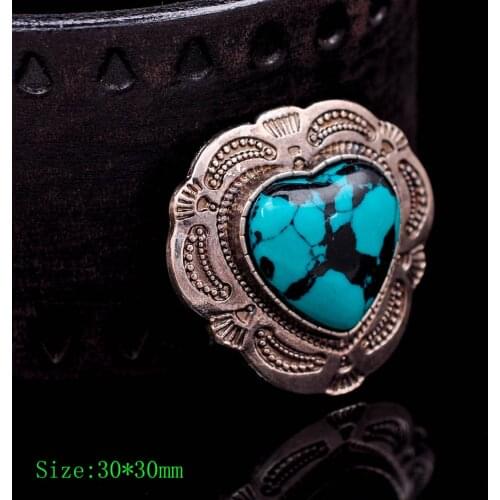 10PC 30mm Antique Silver Tribal Flower Engraved Heart Turquoise Leather Concho For Belt Bag Leathercraft Wallet Decor Screwback