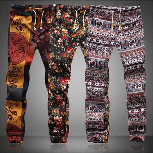 2015 Summer Fashion Skinny Joggers Sweatpants Flower Print Bohemian Trousers Floral Linen Pants Men Plus Size 5XL