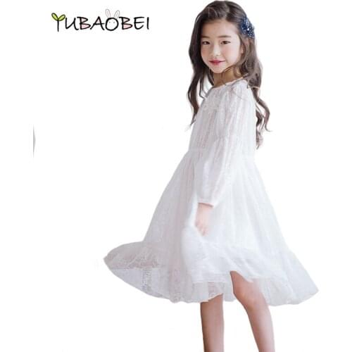 2020 New Fashion Big Girl White Lace Dress Children Clothing Dance Party Kids Dress Cute Long Over Knee Teenager Dress