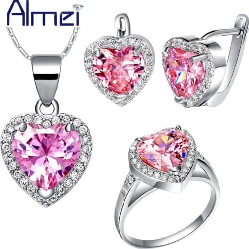 Almei Fashion Luxury Heart Vintage Pink Zirconia Jewelry Sets Women Bridal Wedding Silver Color Earring Necklace Ring Set T435