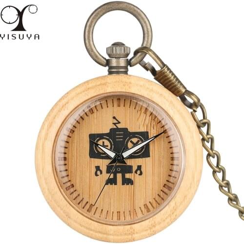 Bamboo Wood Pocket Watch Quartz Movement Trendy Cool Robot Pattern Display Natural Wooden Pocket Timepiece Bronze Chain Clock
