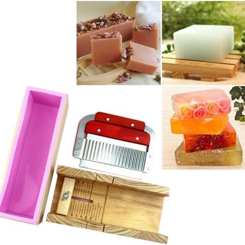 Wooden Soap Loaf Cutter Mold and Soap Cutter Set Rectangle Silicone Mold with Wood Box Straight and Wavy Soap Cutter