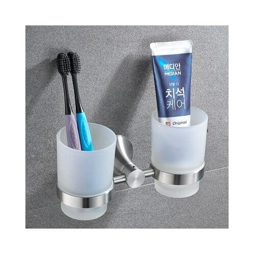 Cup & Tumbler Holders Metal Brushed Nickel Toothbrush Holder 2 Glass Cups Wall Mounted Ceramic Bathroom Accessories DG8403SN