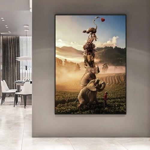 HD Modern Comical Abstract Art Animal Elephant Lion Canvas Posters Printed Wall For Living Room Home Decoration