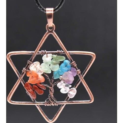 KFT Natural Healing Chakra Stones Tree of Life Star of David Stone Pendant with Rope Chain Necklace Wire Wrapped Jewelry