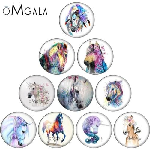 Horse Drawing 10pcs Round 8mm-30mm snap buttons photo glass cabochon for snap jewelry bracelets necklace wholesale