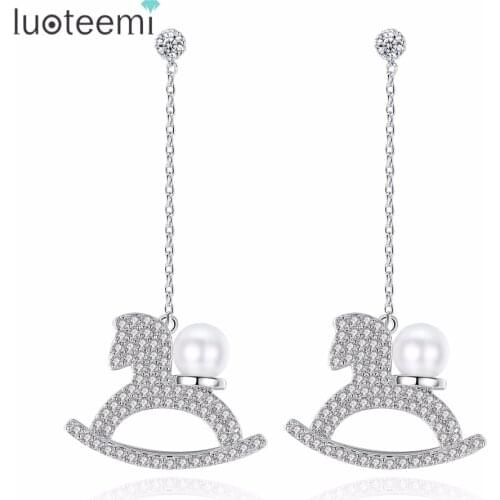 LUOTEEMI Loveliness Good Vogue Long Line Animal Trojan Shape Drop Earrings Clear CZ with Imitation Pearl Romantic For Women