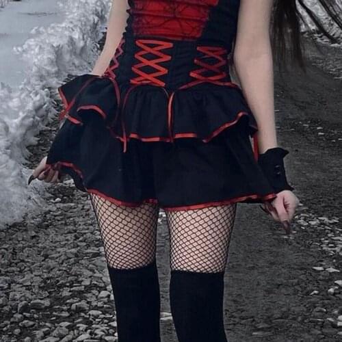 Gothic Ruffles Lolita Mini Skirt Harajuku High Waist A Line Skirts Women Streetwear Y2K Red Bandage Skirt