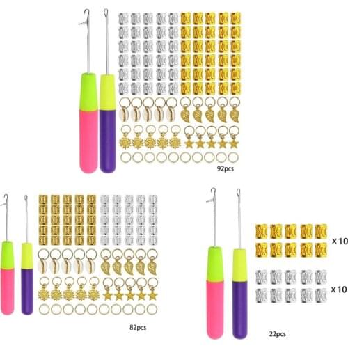 N7MF 2Pcs Latch Hook Crochet Needle with 20/80/90 Pieces Hair Jewelry Rings Metal Dreadlock Braiding Beads Cuffs Accessories