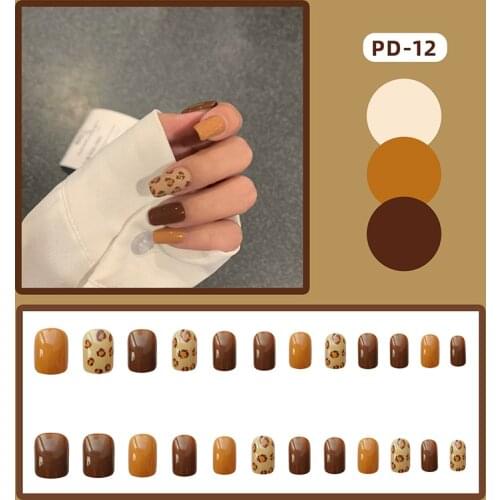Fake Nails Yellow Coffee Leopard Nail Stickers Finished Nail Stickers 24 Nail Stickers With Glue TN