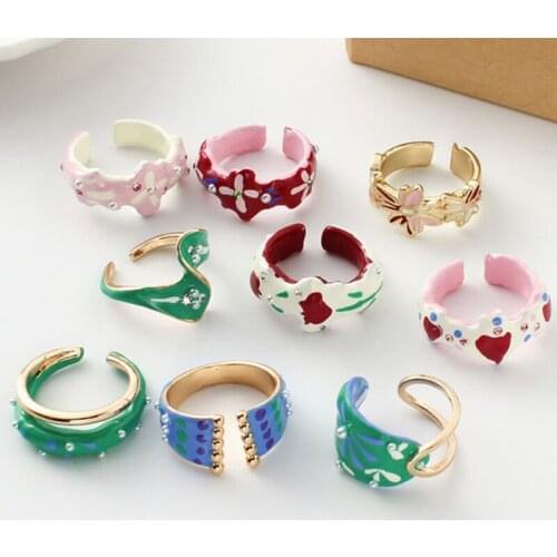 New Trendy Rhinestone Inlay Drip Glaze Enamel Open Adjustable Couple Rings for Fashion Women Men Summer Jewelry Free Shipping