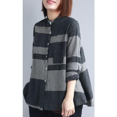 Autumn Shirt Stand Collar Long Sleeve Cotton Linen Tops Literary Women Mixed Color Stripe Blouse With Pocket Loose Chemise Femme