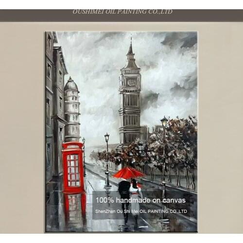 Hand Painted American Street Landscape Oil Painting on Canvas Telephone Booth Wall Painting Couple Red Umbrella Paintings Art