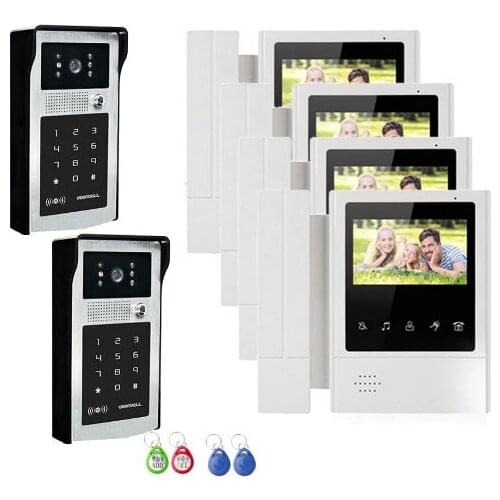 XINSILU Top Quality Intercom System Doorbell 4.3" Video Door Phone HD Camera with Password&ID Card Unlocking 2Cameras+4Monitors
