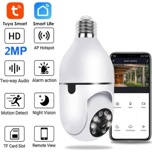 Smart Life E27 Bulb Tuya Wifi Camera 2MP PTZ Cam With Full Light Night Vision Two Way Talk Auto Tracking For Indoor Or Outdoor