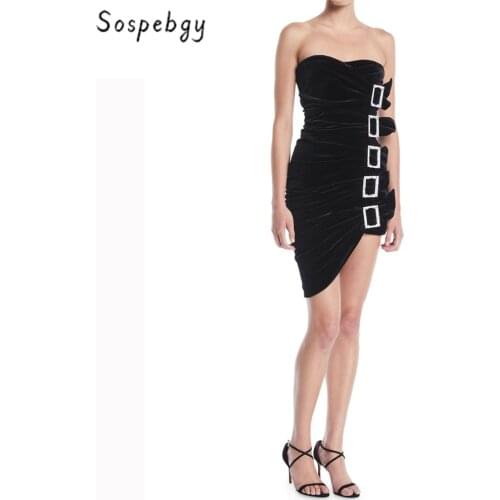 Sospebgy) Winter New Fashion Womens Mini Wrapped Chest Sexy Crystal Button Design Pleated Velvet Black Dress Vestidos