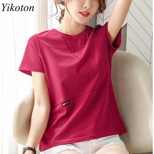 New Summer 2021 Women T Shirt Bright line 100% Cotton Casual T-shirt Slim Short Sleeve O-Neck Stitching Plus Size Woman't Tops