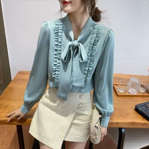 Chikichi 2021 New Spring Clothes Wooden Ear Bow Ribbon Shirt Drape Long Sleeve Chiffon Top Shirt Women Blouse