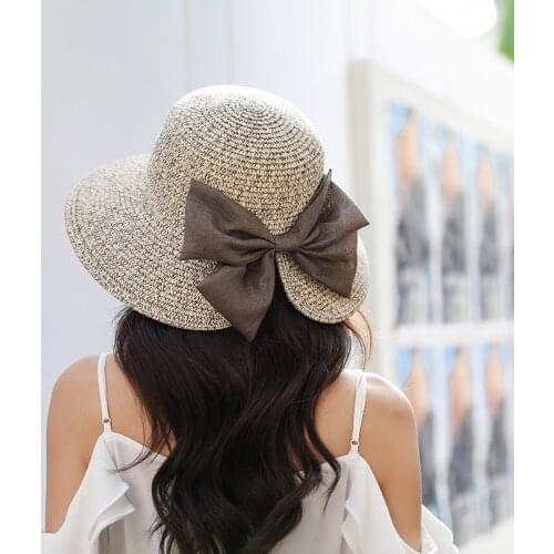 2021 NEW Womens Sun Hat Big Bow Wide Brim Floppy Summer Hats For Women Beach Panama Straw hat Sun Protection Visor Femme Cap