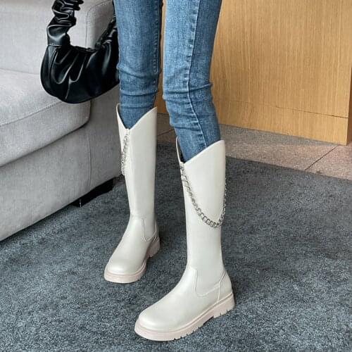 Flat-Bottomed Round Toe Mid-Heeled V-Shaped Boots Metal Chain Waterproof Platform Back Zipper Womens Knee-Length Boots