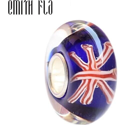 Emith Fla 100% 925 Sterling Silver Large Hole British Flag Charm Bead Fit European Bracelet Bangle Jewelry DIY Accessories