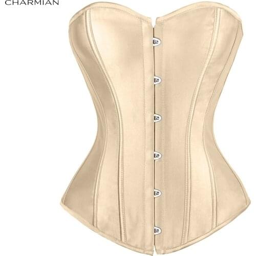 Charmian Womens Plus Size Sexy Overbust Corset Black Satin Corsets and Bustiers Waist Trainer Body Shaper