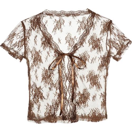 Women See-through Lace Cardigan Short Sleeve Floral Pattern Crop Tops Sheer Lace-up T-Shirts Casual Party Clubwear for Nightclub