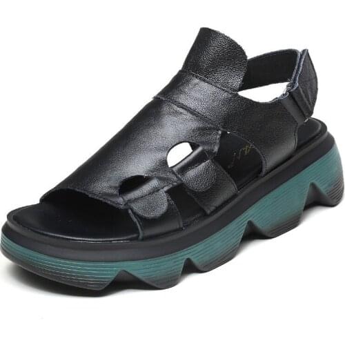 2021 Female Fashion Thick Bottom Genuine Leather Sandals for Women Summer Open Toe Platform Wedges Heel Casual Slingback Shoes