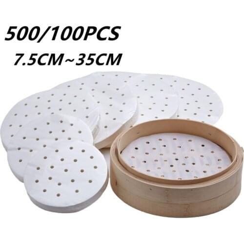 500/100 pcs Air Fryer Steamer Liners Premium Perforated Wood Pulp Papers Non-Stick Steaming Basket Mat Baking Cooking Tool