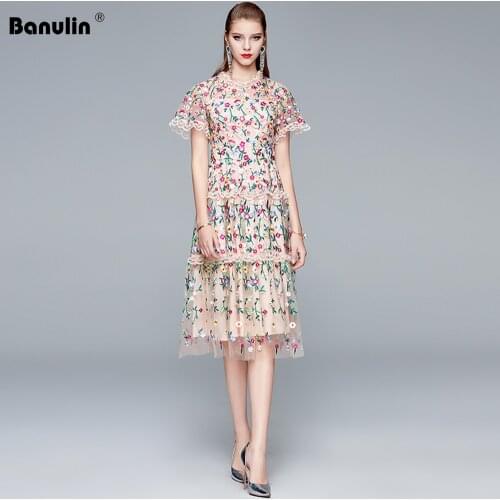 Banulin Women Runway Designer Luxury Embroidery Mesh Dress Festa High Quality Elegant Wedding Party Robe Femme Lace Vestidos