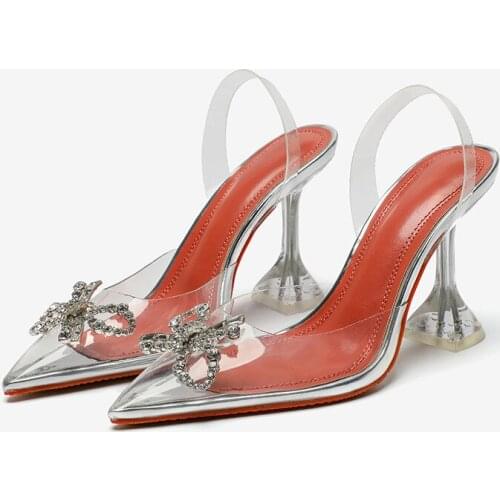 2021 Summer New Rhinestone Bow Transparent Sandals Pointed Jelly Fairy Style High Heels