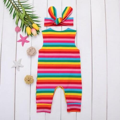 Newborn Baby Girls Kids Rainbow Romper Jumpsuit + Headband 2Pcs Casual Clothes Outfits 0-24months Kids