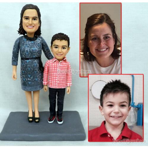 Mother and child son customize polymer clay doll figurine from picture photo birthday cake party favor figurines miniature