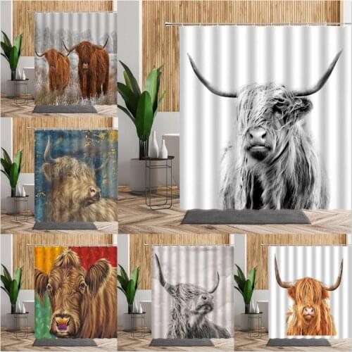 Highland Cow Animal Shower Curtains Set Wild Cattle Bathroom Bath Decors Waterproof Fabric Nordic Wall Decor Curtain Accessories