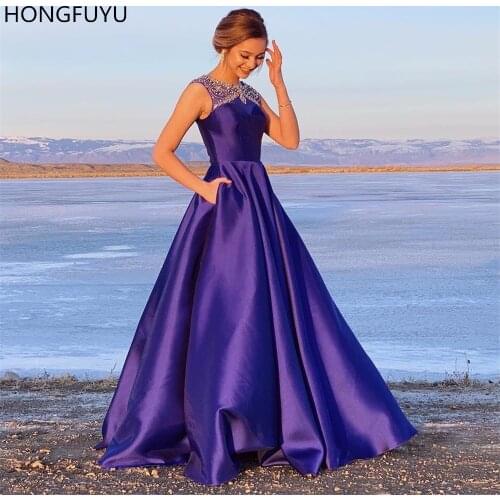 HONGFUYU Prom Dresses Satin 2021 O-neck Beading A-line Formal Party Gowns Sleeveless Evening Dress Long With Pockets Purple