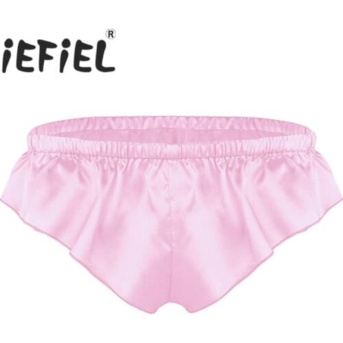 IEFiEL Mens Lingerie Shiny Soft Satin High Cut Solid Color Bikini Thong Briefs Male Sexy Underwear Underpants Triangle Panties