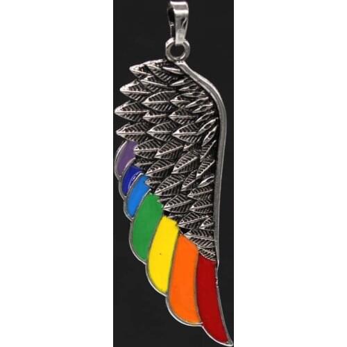 KFT Silver Plated Black Alloy Enamel Coloful Healing Chakra Angel Wings Pendant Vintage Jewelry