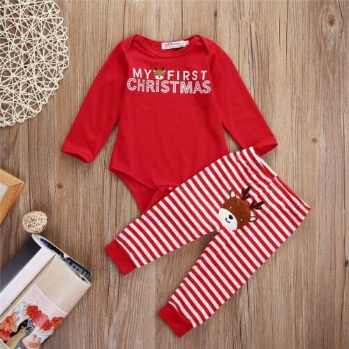 2 Piece Set Christmas Outfits For Newborn Baby Girls Boys Long Sleeve Letter Print Tops Romper +Striped Long Pants Clothes 0-18M