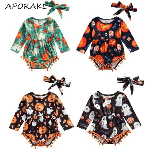2021 0-18M Baby Girls Halloween Clothes Set Cartoon Pumpkin Print Long Sleeve Round Collar Tassels Romper+Bow Knot Headband 2pcs