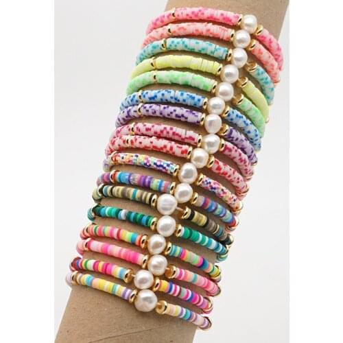 Bohemian Colorful Soft Pottery Clay Bracelets Female Women Beach Charm Pearl Elastic Bracelet Boho Jewelry Wholesale