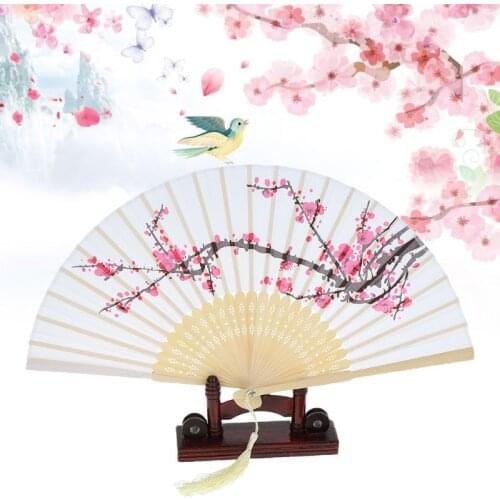 Summer Vintage Chinese Folding Fan Japanese Plum Blossom Tassel Silk Bamboo Hand Held Fan Wedding Party Dancing Decor Gift