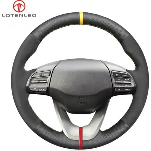 LQTENLEO Black Genuine Leather Suede Car Steering Wheel Cover For Hyundai Veloster 2018 2019 i30 2017-2019 Elantra 2018 2019