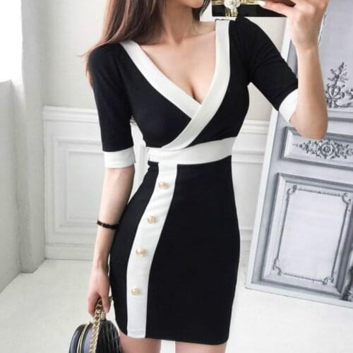 2020 Fashion Women Dresses Deep V-neck Short Sleeve Buttons Sexy Slim Bodycon Club Dress Vestidos Robe Femme High Quality
