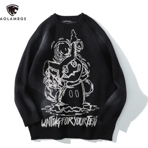 Aolamegs Sweater Men Funny Cartoon Graphic O-Neck Knitted Mens Sweater Casual Harajuku High Street College Style Streetwear men