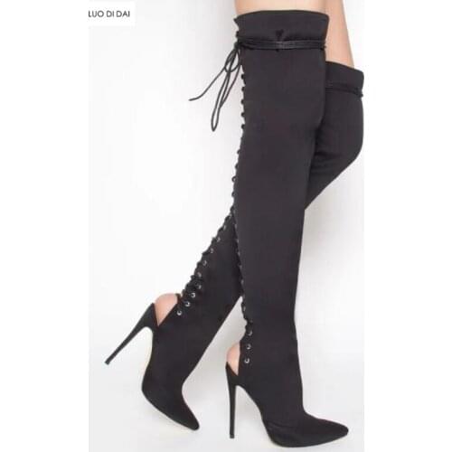 2020 New fashion BLACK PATENT leather boots CROC LACE UP THIGH HIGH BOOTS back open over knee high boots point toe women botas