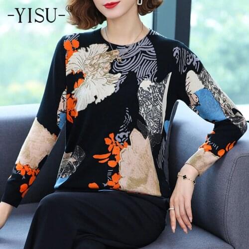 YISU New Knitted Sweater Women Autumn Winter O-neck Long Sleeve Loose Pullover Jumper Tops Fashion Printed Sweaters Women 2021