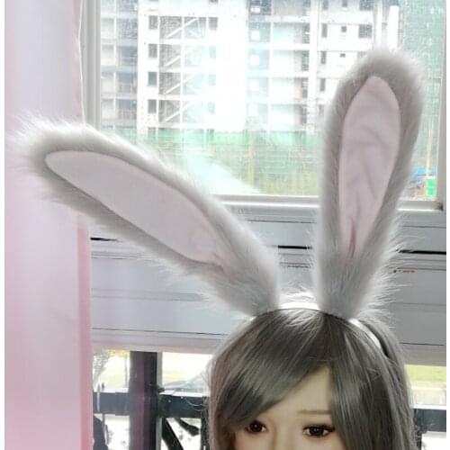 New Hand Made Work Buuny Rabbit Ears Hairhoop Long Fur Headwear Gray Headband For Halloween Christmas Costume Accessories