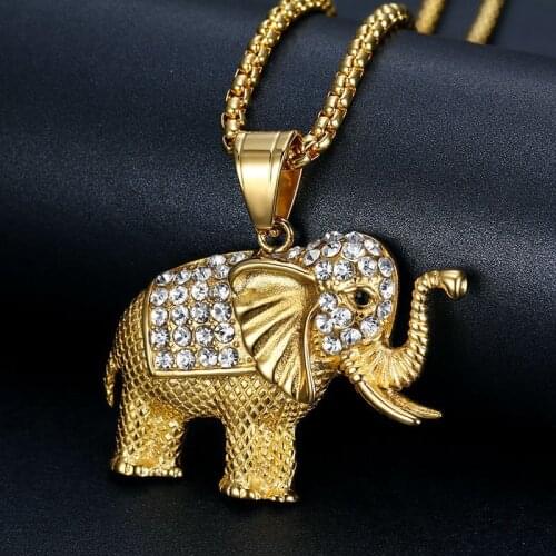 Stainless Steel Necklace Golden Iced Out Elephant Pendant Necklace Men Hip Hop Jewelry Punk Male Chain 2021 Trend Friends Gift