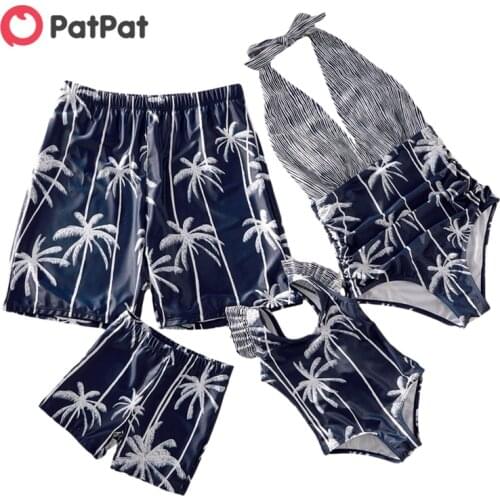 PatPat 2021 New Summer Mosaic Family Matching Coconut Tree Striped Halter Swimsuits Family Look Childrens Clothing