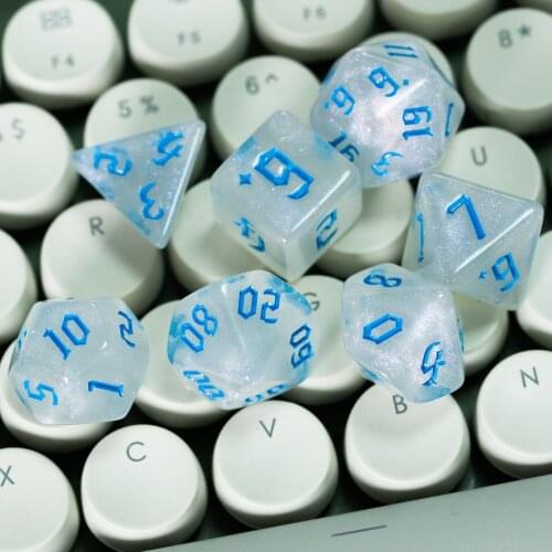 Poludie 7Pcs/Set Blue Font DND Dice Set D4 D6 D8 D10 D% D12 D20 Translucent Polyhedral Dice for Role Playing Board Game RPG MTG